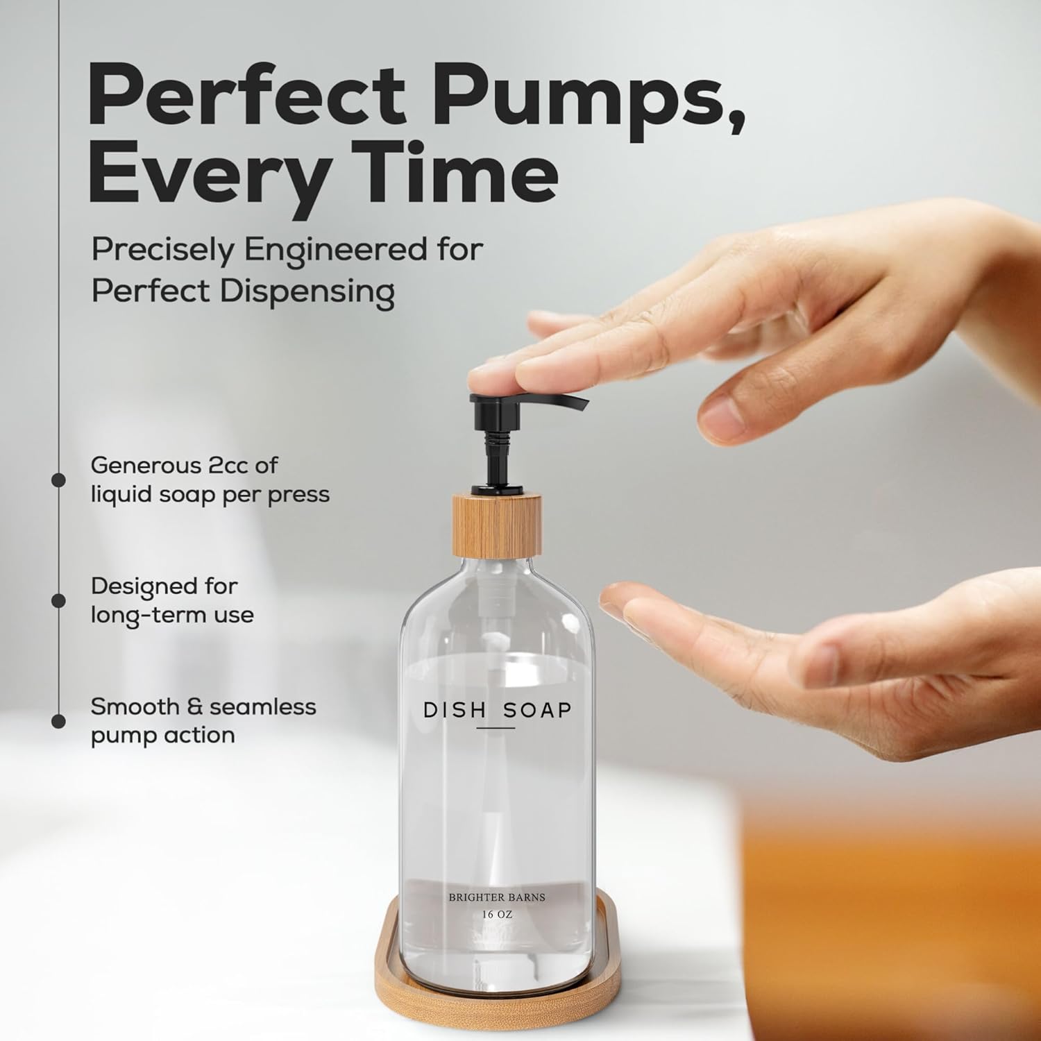 Clear Glass Dish Soap Dispenser by Brighter Barns - Kitchen Sink Set With Bamboo Tray - Modern Decor and Accessories, Minimalist Neutral Home (Clear)