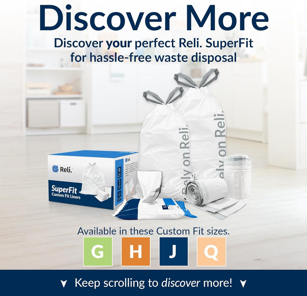 Reli. SuperFit Code Q (225 Count) | Compatible with Simplehuman Code Q | Custom Fit Liners | Drawstring Trash Bags | 50-65 Liter / 13-17 Gallon | White | Roll Pack