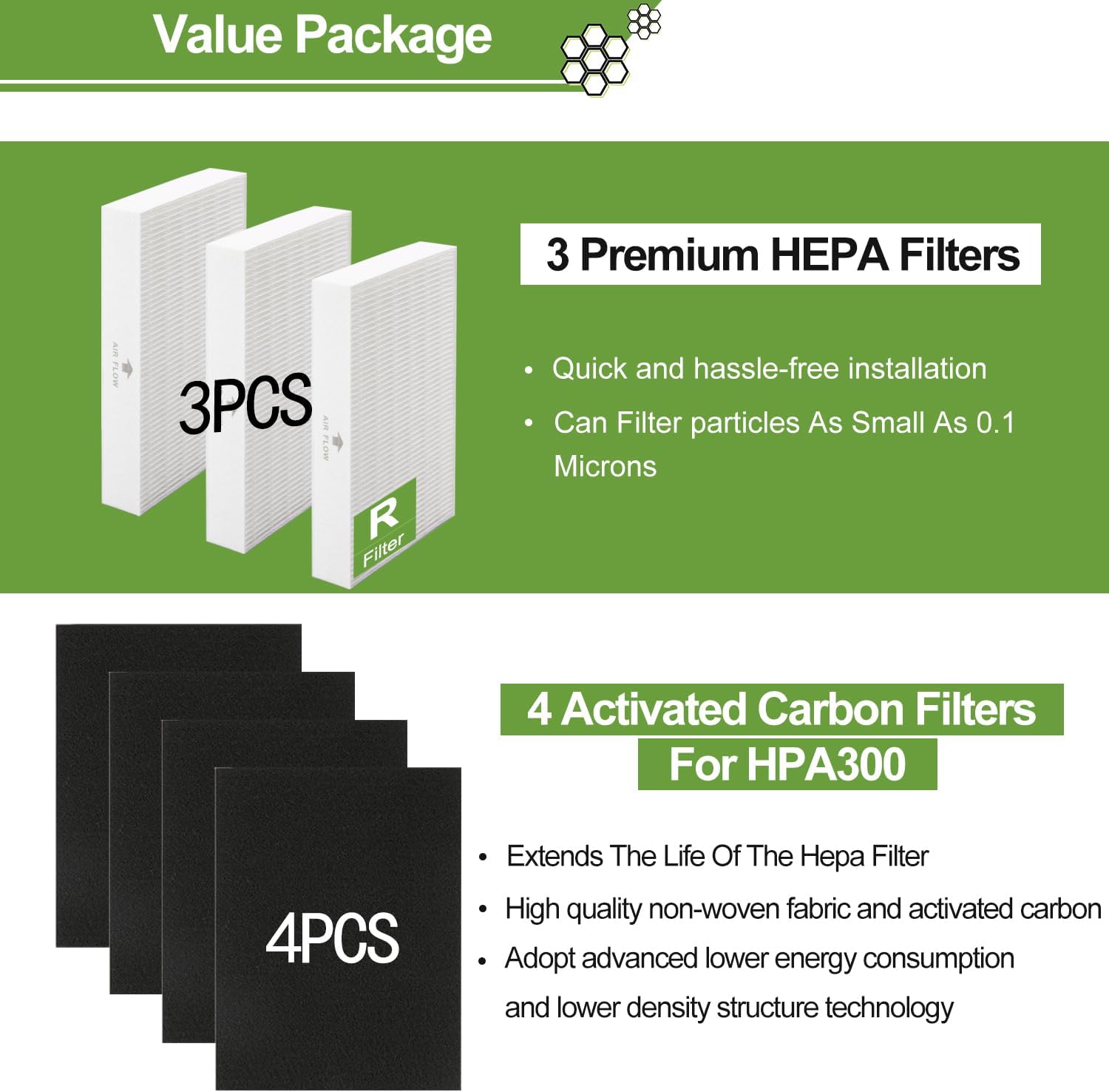 HPA300 HEPA Filter Replacement for Honeywell HPA300 Series Air Purifiers HPA300, HPA300VP, HPA304, HPA3300, Replace HRF-R3 (3 Ture HEPA R Replacement Filter + 4 Activated Carbon Pre-Filter)