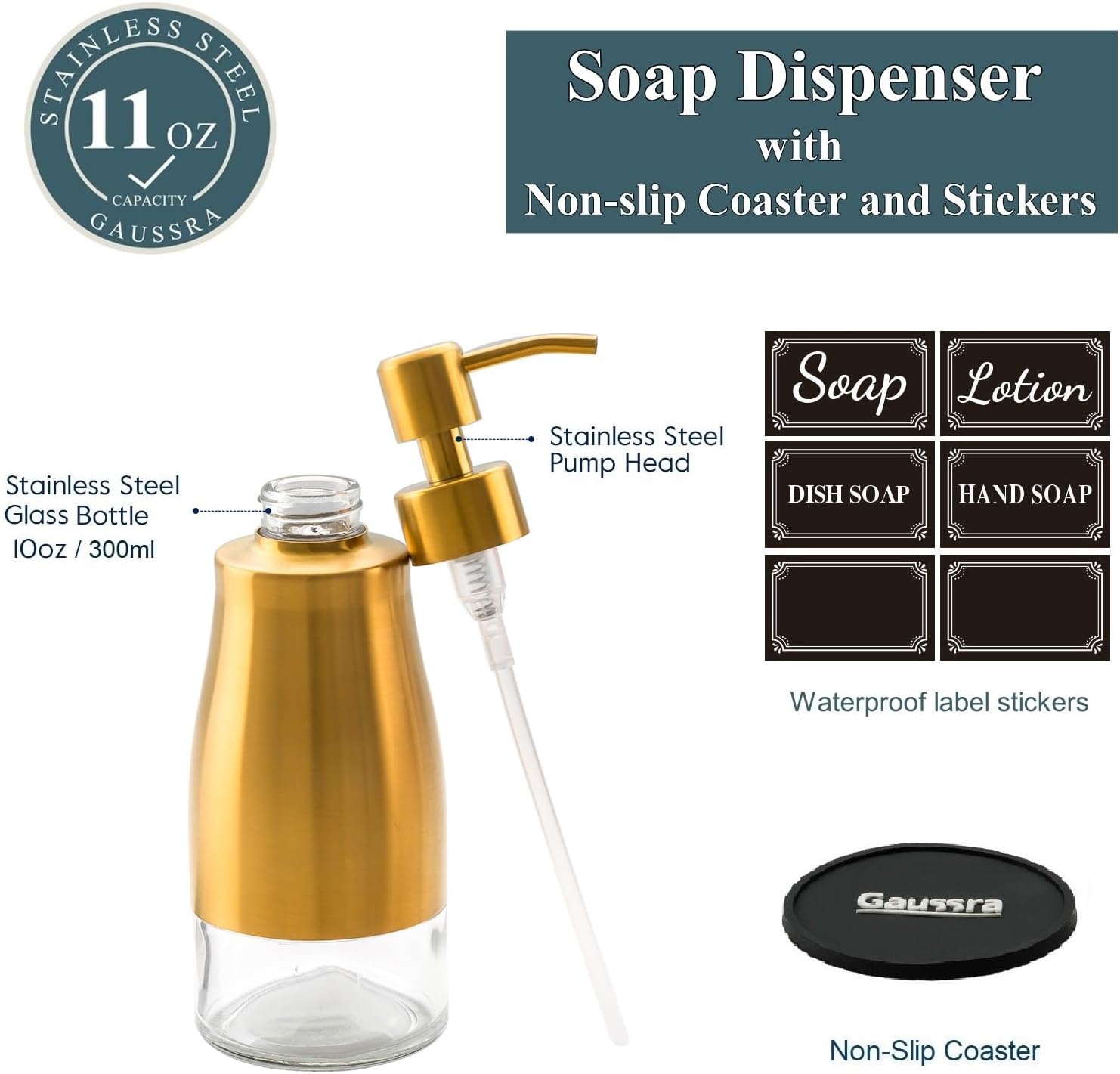 Gaussra Soap Dispenser with Coaster and Stickers, Brushed Gold Stainless Steel Glass Hand Pump Dispenser, Anti Rust Bottle, for Kitchen & Bathroom Detergent Bottle，Refillable Hand Liquid Dispenser