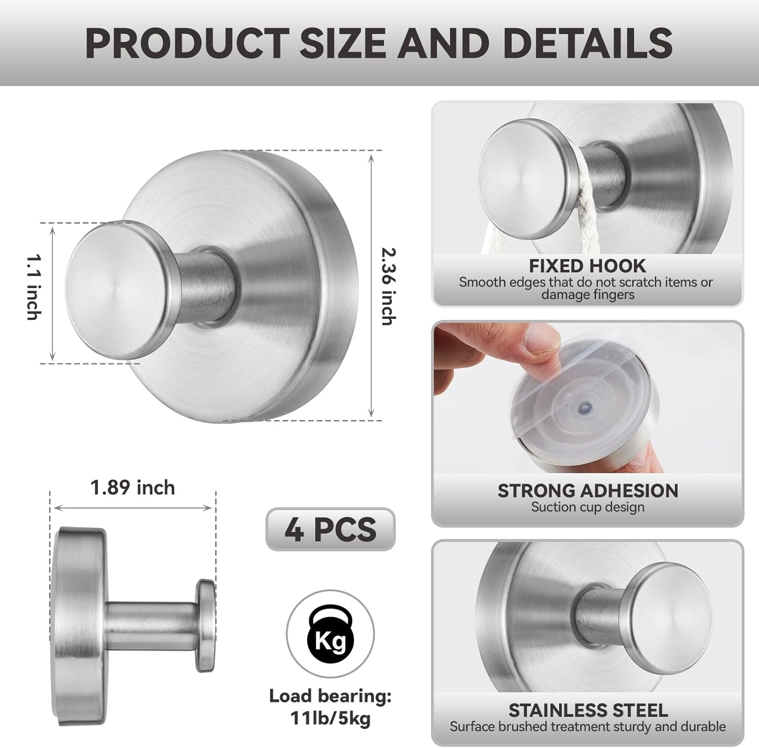 4 PCS Suction Cup Hooks for Shower, Stainless Steel No Drill Suction Towel Hooks, Reusable Sticky Silicone Suction Cup Base for Bathroom Wall, Glass, Mirror, Tile to Hang Loofahs, Robes (Silvery)