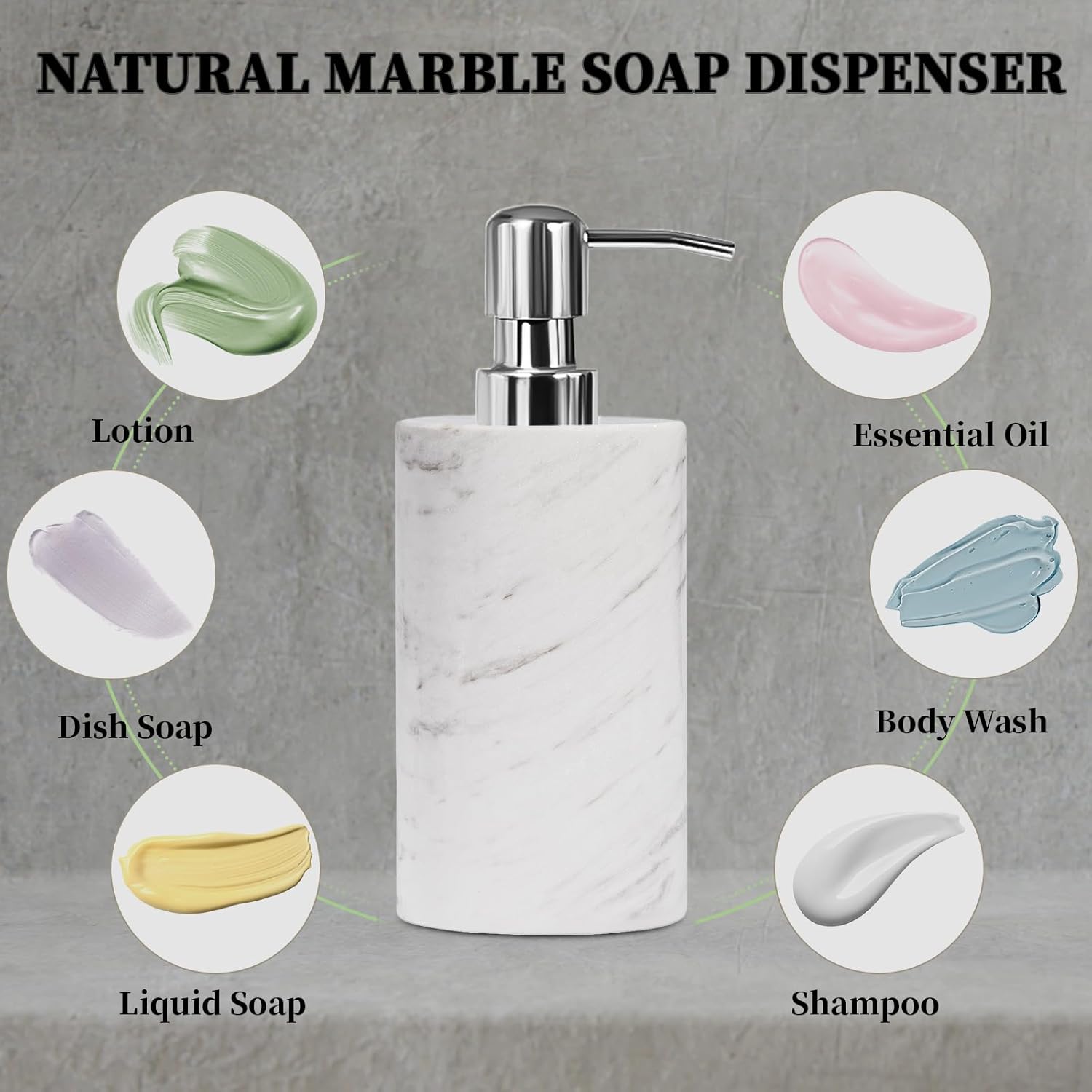 Marble Soap Dispenser with Stainless Steel Pump, White Hand Liquid Soap Dispenser, 6 Ounces for Bathroom