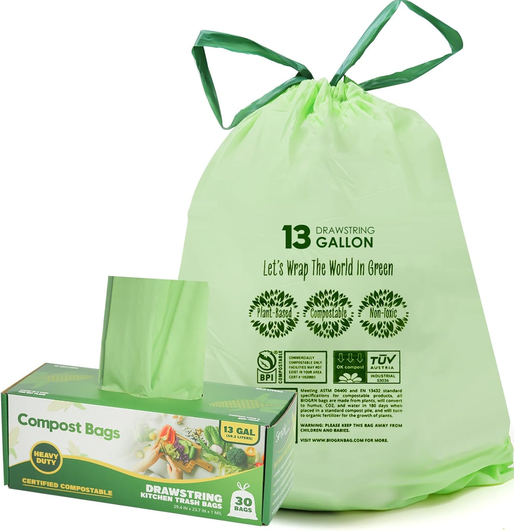 10-13 Gallon Compostable Trash Bags with Drawstring, Heavy Duty Extra Thick 1 Mil, 49.21 Liter, Tear Resistant & Odorless Kitchen Food Scrap Waste Bag, US BPI and OK Compost Home Certified (30 Count)
