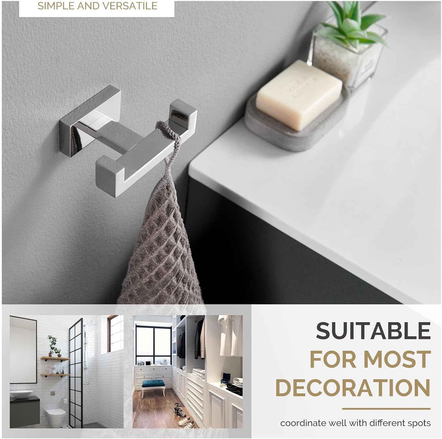 Angle Simple Bathroom Towel Hook, SUS 304 Stainless Steel Hand Towel Double Hook for Wall, Robe Coat Holder, Polished Chrome