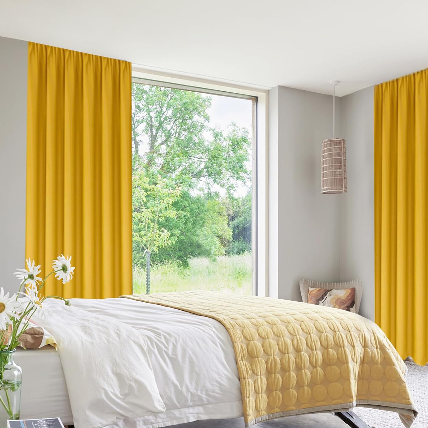 DWCN Blackout Curtains Room Darkening Thermal Insulated Bedroom Curtains Window Curtain Panels, 52 x 63 inches Long, Set of 2 Yellow Rod Pocket Drapes