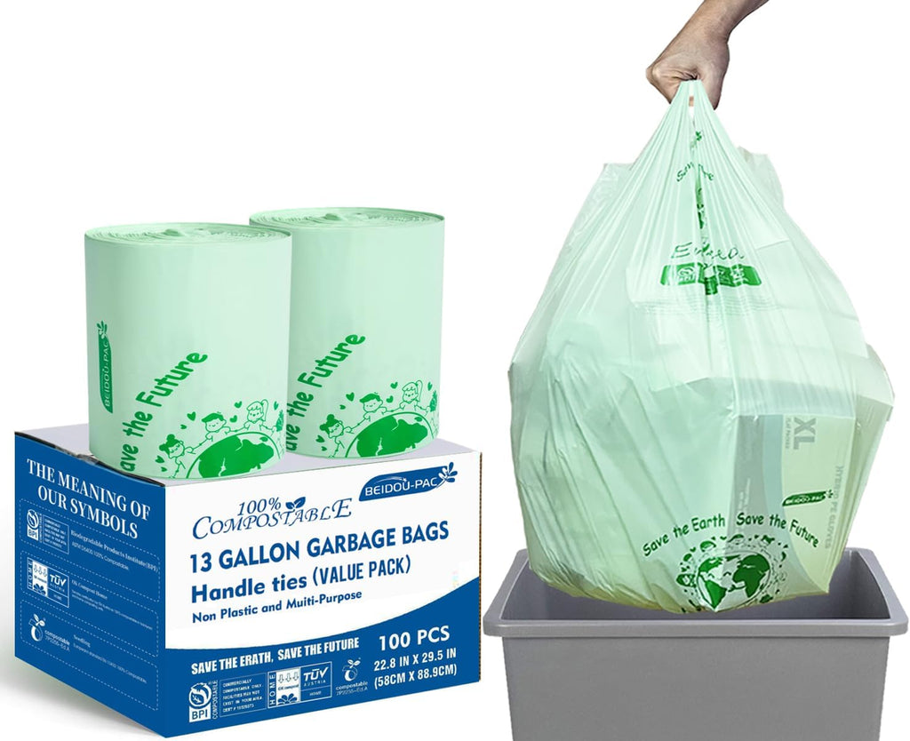 Compostable 13 Gallon Trash Bags, Tall Kitchen Garbage Bags with Handle, Sturdy Biodegradable Compost Bags, 100 Count, US BPI Certified