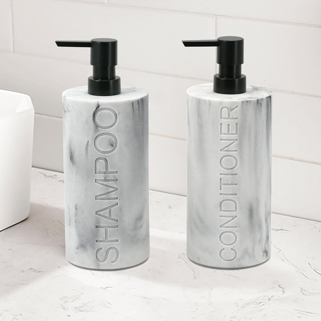 Marble Resin 2 Piece Shampoo and Conditioner Dispenser Set, Luxurious Refillable Pump Bottles with Matte Pump Top and Embossed Text, Durable Design for Bathroom and Shower