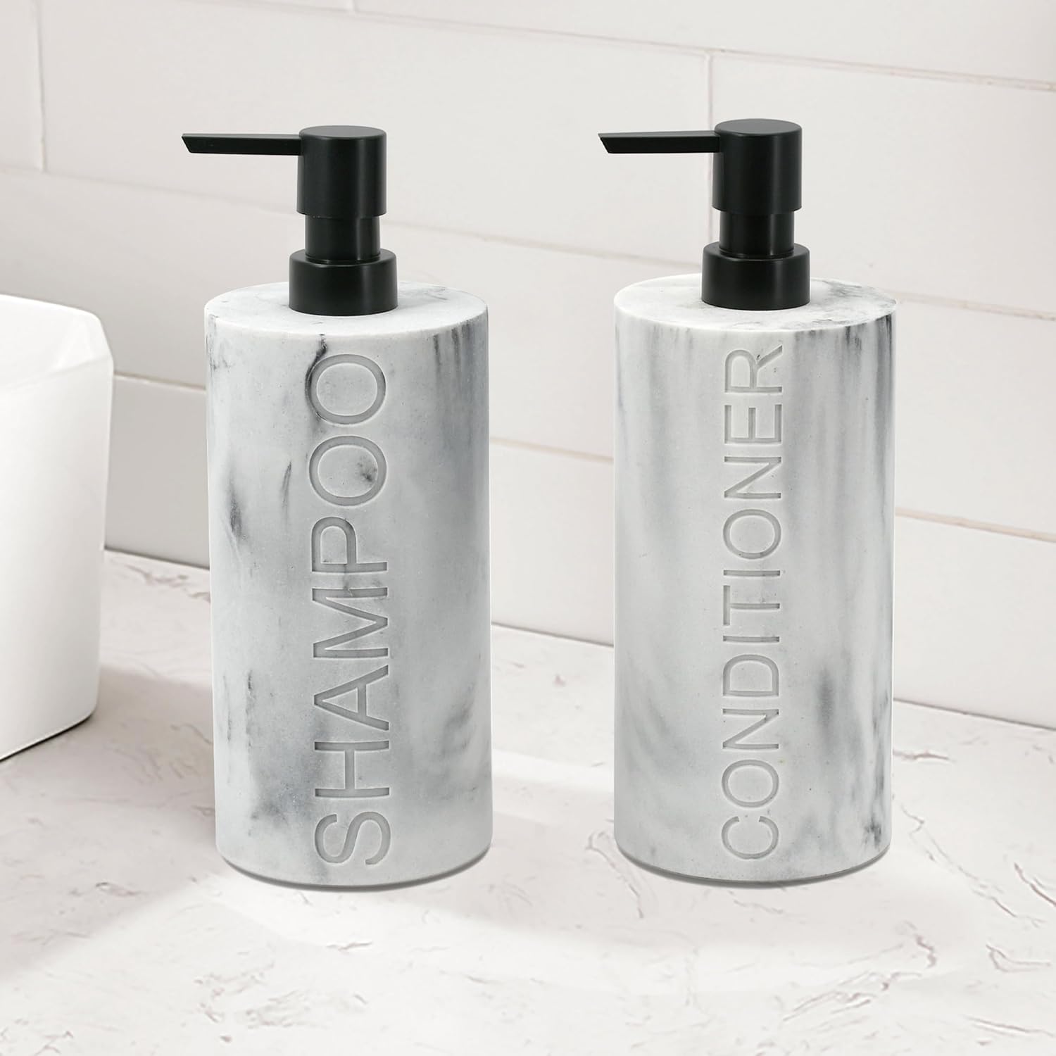 Marble Resin 2 Piece Shampoo and Conditioner Dispenser Set, Luxurious Refillable Pump Bottles with Matte Pump Top and Embossed Text, Durable Design for Bathroom and Shower