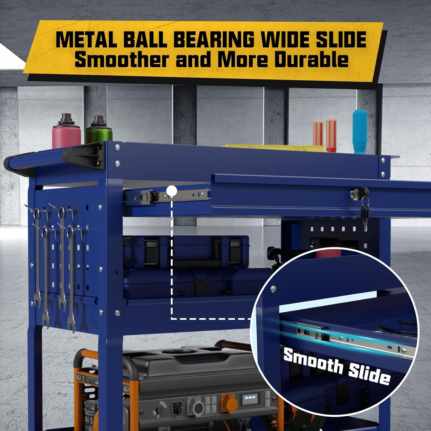 3 Tier Rolling Tool Cart with Drawers, 450 LBS Capacity Tool Cart on Wheels, Heavy Duty Rolling Utility Cart with Drawers, Rolling Utility Carts for Garage, Warehouse and Repair Shop,Blue