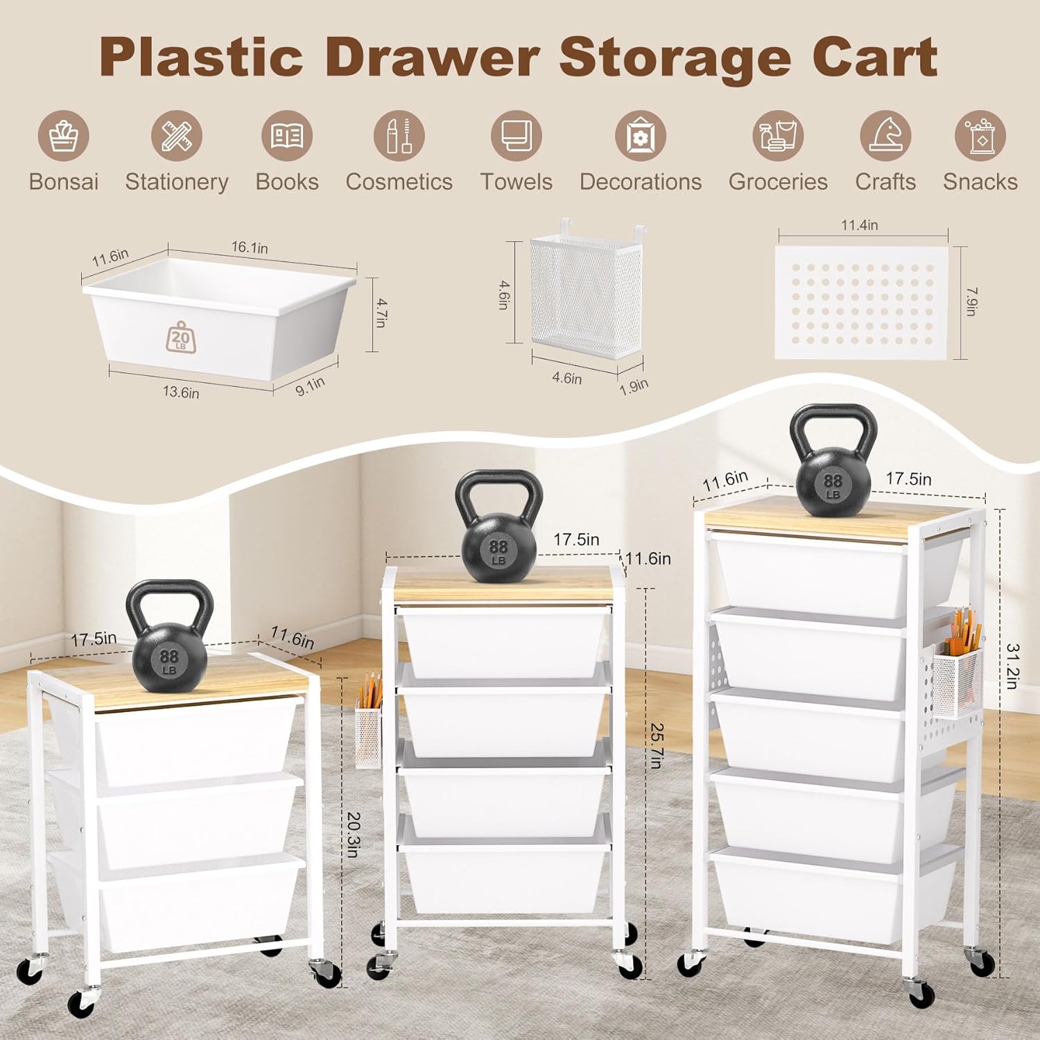 Rolling Cart with Drawers, Rolling Storage Cart with 4 Large Plastic Drawers & Wooden Tabletop, Utility Cart with Pegboards & Basket, Storage Drawers Cart for Living Room, Classroom, Bedroom, Office