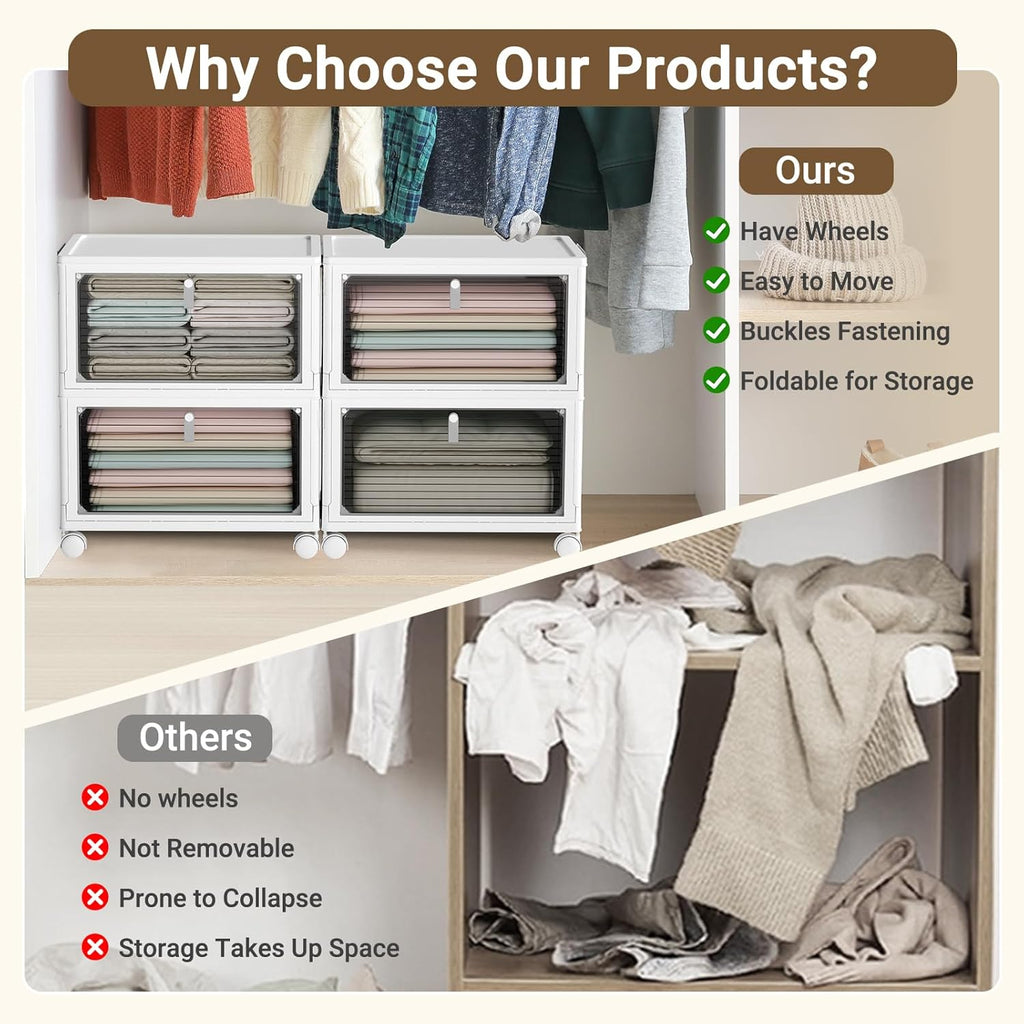 Storage Bins with Lids,4 Tier Stackable Storage Bins with Drawers,4 Pack Collapsible Plastic Storage Boxes with Wheel-1 Lid,23QT Foldable Containers for Closet Living Room Bedroom Office.