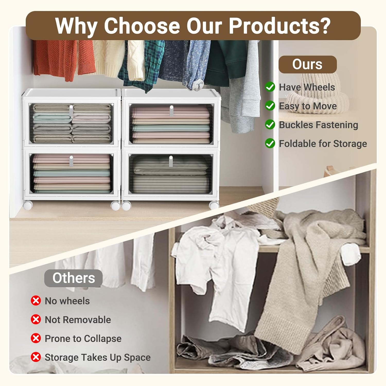 Storage Bins with Lids,4 Tier Stackable Storage Bins with Drawers,4 Pack Collapsible Plastic Storage Boxes with Wheel-1 Lid,23QT Foldable Containers for Closet Living Room Bedroom Office.