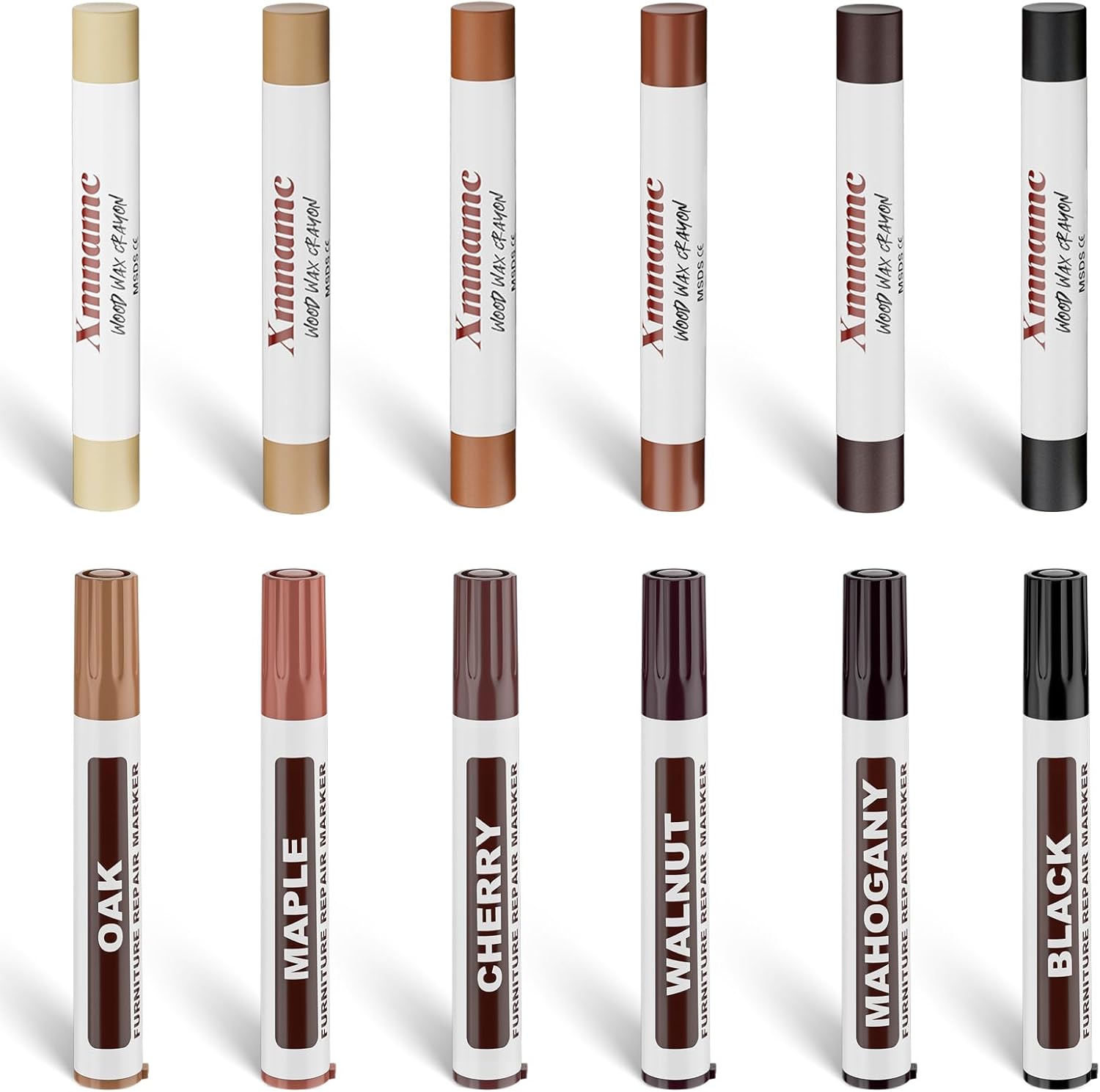 12 Colors Wood Filler Sticks Furniture Markers, Wood Floor Scratch Repair Kit for Repair Any Furniture Scratch, Scuffs, Cracks and Nail Holes on Wood Furniture, Floors, Doors, Cabinets, Tables