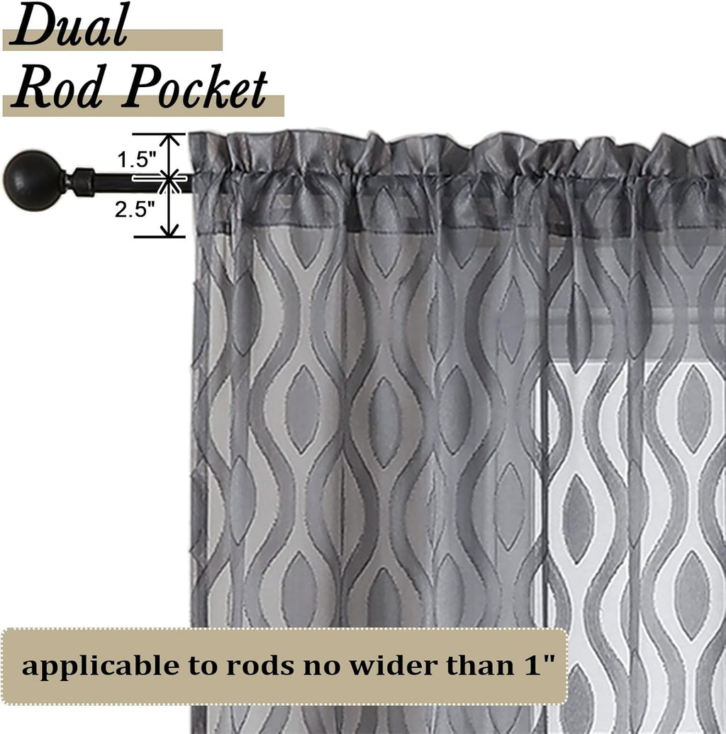 Aiyufeng Grey Valances for Windows, Clip Jacquard Chic Wavy Line Voile Sheer Curtains for Basement, Lightweight Airy Rod Pocket Short Curtains, 2 PCS, 40" Wx14" Inches