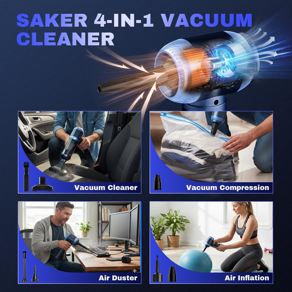 Saker Car Vacuum Portable Cordless 20000Pa Suction Power 4 in 1 Handheld Vacuum with LED Light Type-C Portable Mini Vacuums for Car, Home, Office, Pet HL157 Blue