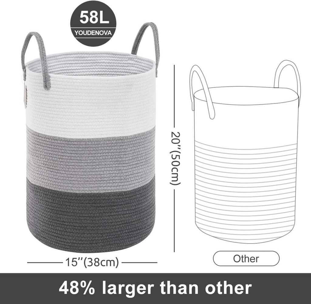 YOUDENOVA Woven Rope Laundry Hamper Basket, 58L Tall Luandry Basket, Baby Nursery Hamper for Blanket Storage, Clothes Hampers for Laundry in Bedroom-Large-Dark Grey