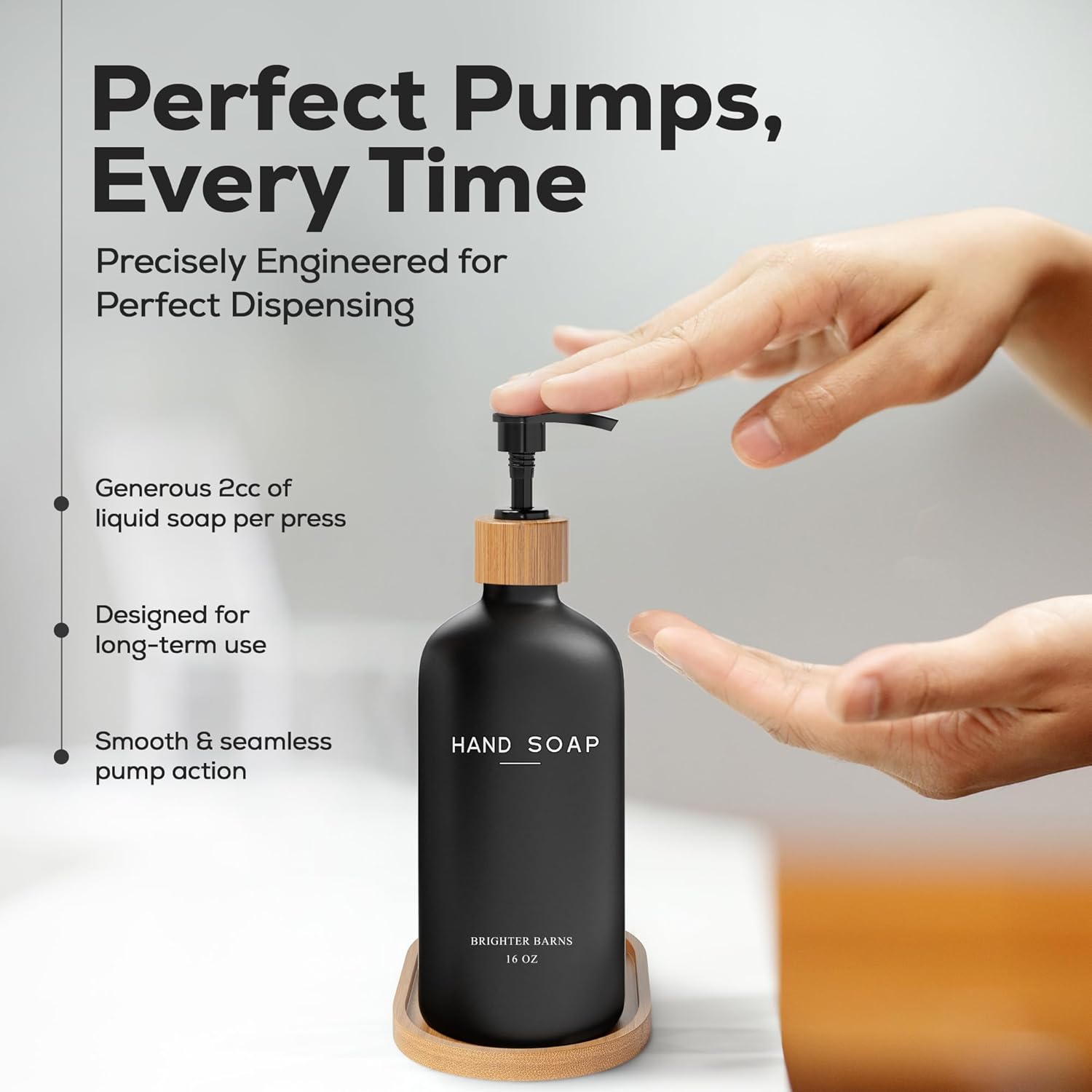 Black Glass Soap and Lotion Dispenser Set with Tray by Brighter Barns - Liquid Hand Soap Dispenser and Pump - Bamboo Bathroom Accessories & Modern Bathroom Decor (Black)