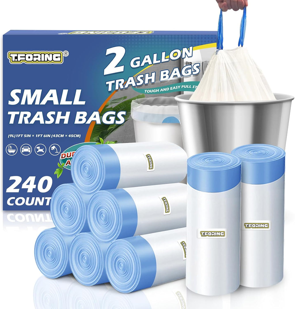240 Count 2 Gallon Trash Bags Drawstring - Thick Small Garbage Bags Unscented,0.96 Mil White Mini Trash Can Liners,Strong Waste Basket Bags 7.5 Liter for Home Bathroom Office Car