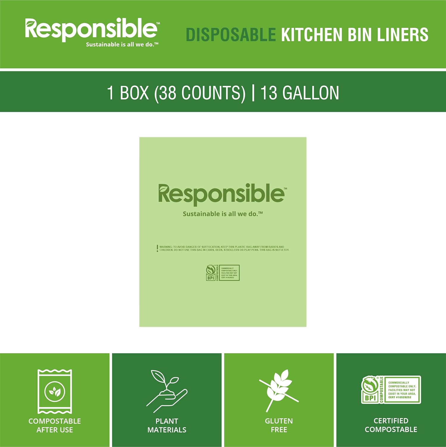 Responsible Products Kitchen Bin Liners, Certified Compostable, Heavy Duty Multipurpose Food Scrap Bags, Made from Compostable Materials (13 Gallon, 13 Gallon (38 Count))