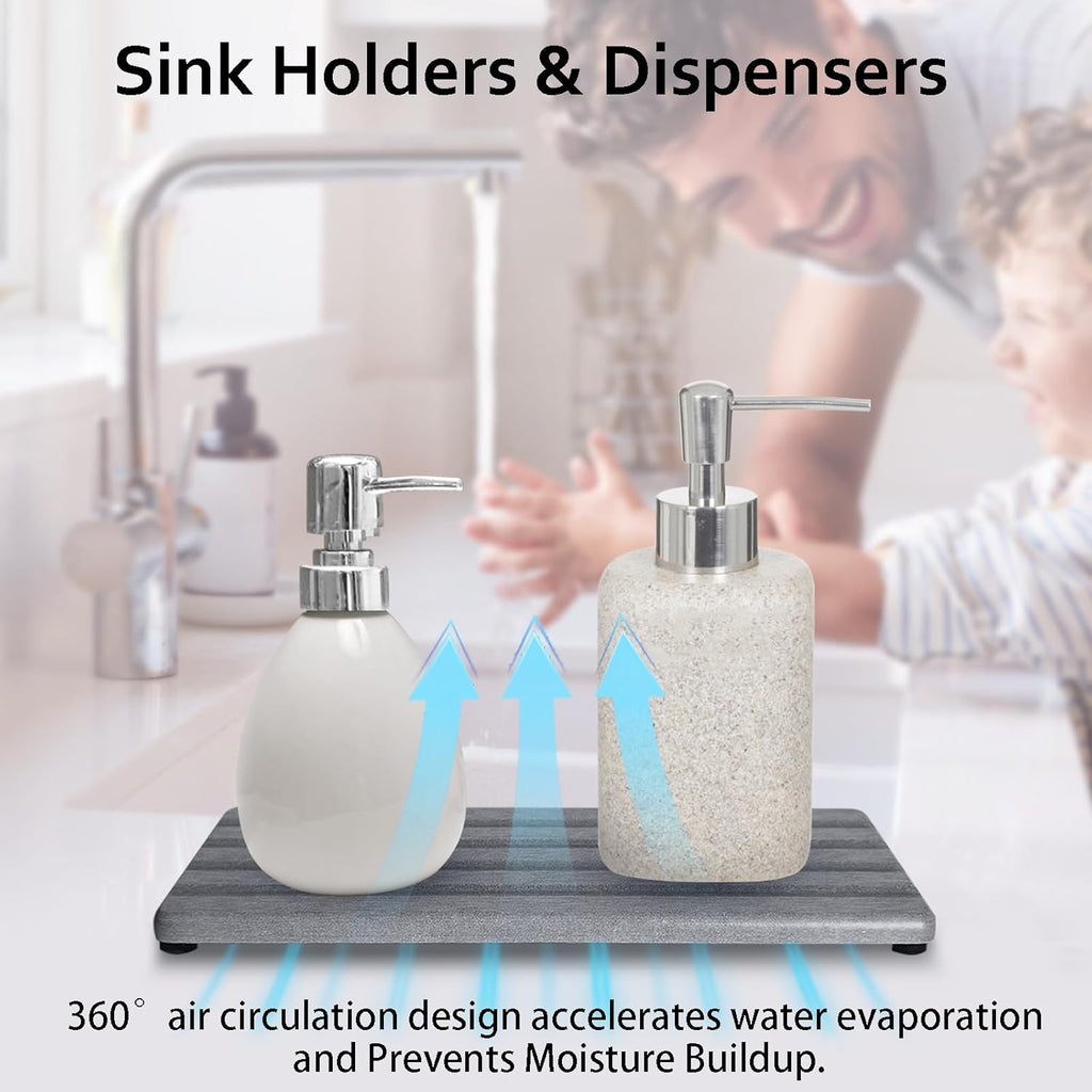 2 PCS Water Absorbing Stone Trays for Bathroom Sink & Kitchen Counter, Fast-Drying Diatomite Sink Caddy, Vanity Tray, Hand Soap Holder with Anti-Skid Pads (Gray, 8.7" x 4"/22 x 10cm)