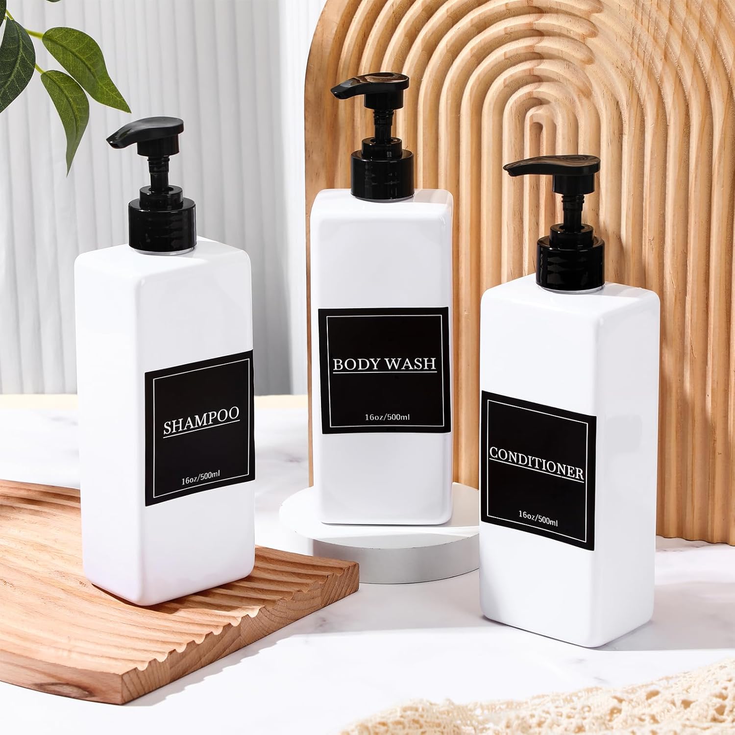 Tanlade 6 Pcs Shampoo and Conditioner Dispenser Bottles 16oz Modern Shower Soap Bottles with Pump, Labels and Marker Pen Easy to Refill Body Wash Dispensers for Home Bathroom Decoration (White)