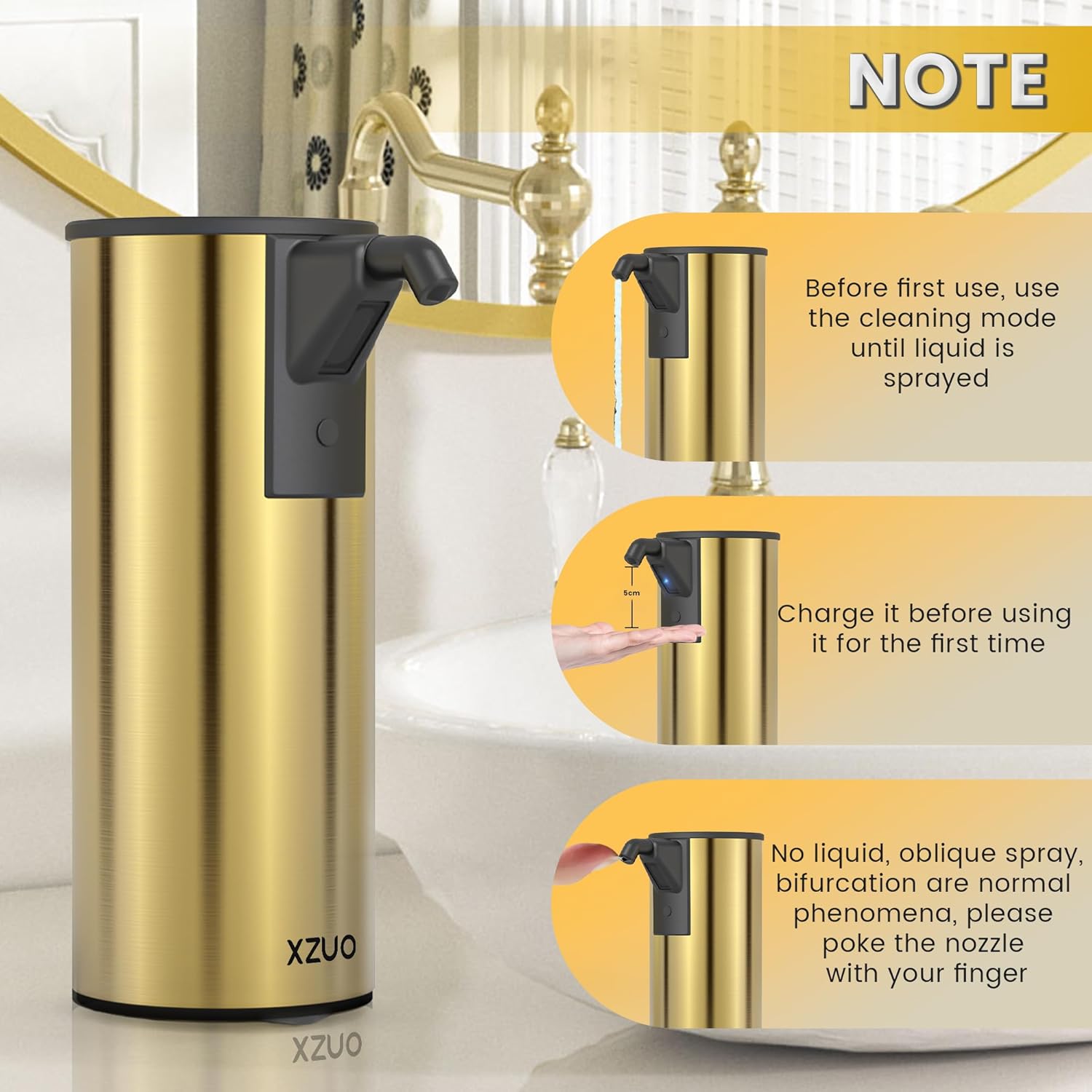 Automatic Soap Dispenser Touchless 11.8oz/350ml Four-Level Adjustable Dispenser Volume，Stainless Steel Material,Battery Powered for Wide Compatibility in Kitchen, Bathroom, Hotel & Office (Gold)