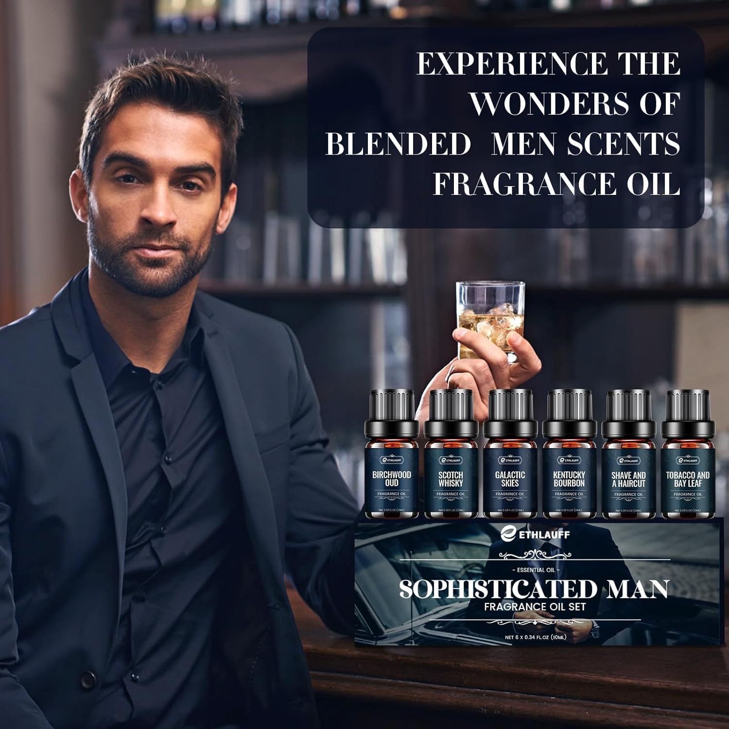 Men Essential Oils Set - TOP 6 Gentlemen's Fragrance Oil for Diffuser, Candle & Soap Making - Tobacco and Bay Leaf, Kentucky Bourbon, Galactic Skies, Scotch Whisky, Birchwood Oud