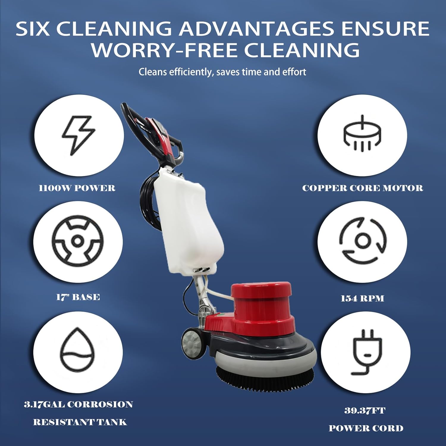 1100W Red Floor Polisher Commercial Floor Cleaner Polishing Machine Carpet Buffer Scrubber with 3gal Water Tank and 17" Base 154Rpm AC110V