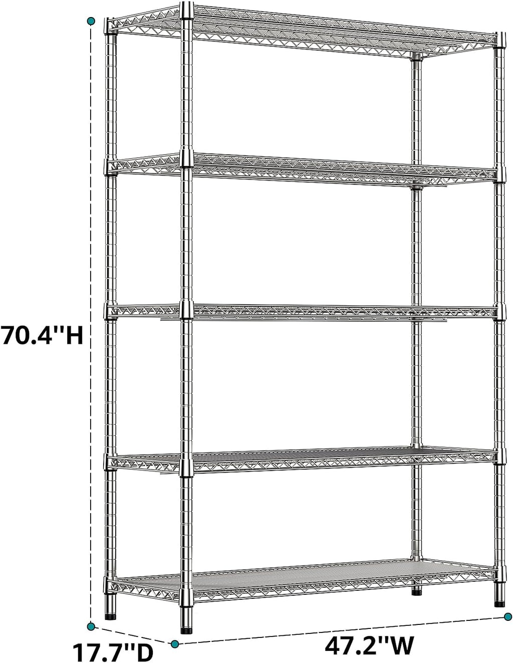 IZEUK 4250 LBS Garage Shelving Wide Storage Shelves 5 Tier Metal Shelves Heavy Duty Adjustable Utility Shelf Rack Chrome 17.7" D x 47.2" W x 70.4" H