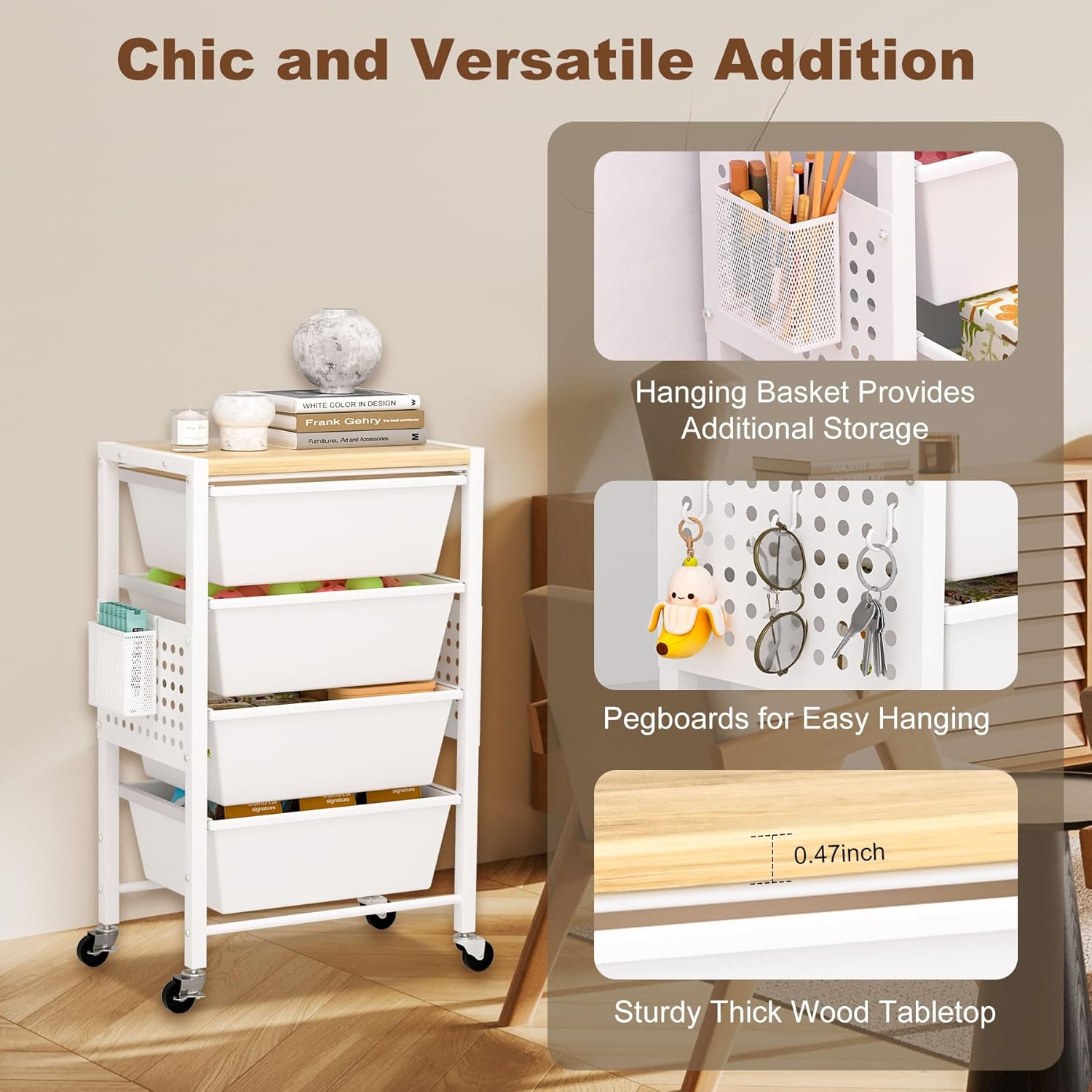 Rolling Cart with Drawers, Rolling Storage Cart with 4 Large Plastic Drawers & Wooden Tabletop, Utility Cart with Pegboards & Basket, Storage Drawers Cart for Living Room, Classroom, Bedroom, Office