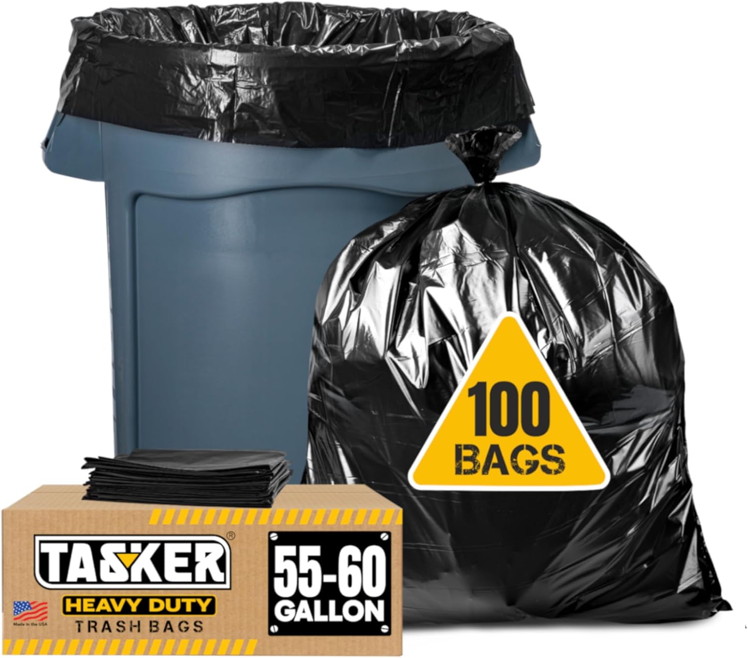 Tasker 55-60 Gallon Trash Bags Heavy Duty, (Value Pack 100 Bags w/Ties) Large Black Outdoor Trash Bags, Extra Large Trash Can Liners, 60 Gal, 55 Gal, 50 Gallon Trash Can Liner Capacity