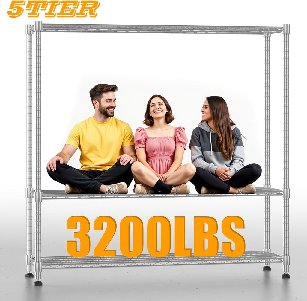 Himimi Storage Shelves with Wheels, 5-Tier Heavy Duty Steel Wire Rack Storage Shelving, Adjustable Metal Storage Shelves for Garage Kitchen Pantry Bathroom Laundry 18" D*60" W*82" H, Silver