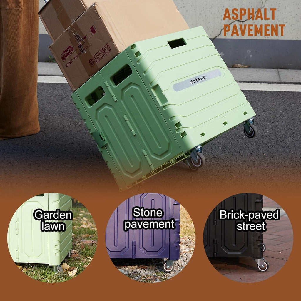 Folding Utility Cart Portable Rolling Crate Handcart Foldable Shopping Trolley Collapsible, with Lid, on Wheels, for Grocery, Garden, Office, Storage, Teacher, Tool (Green)