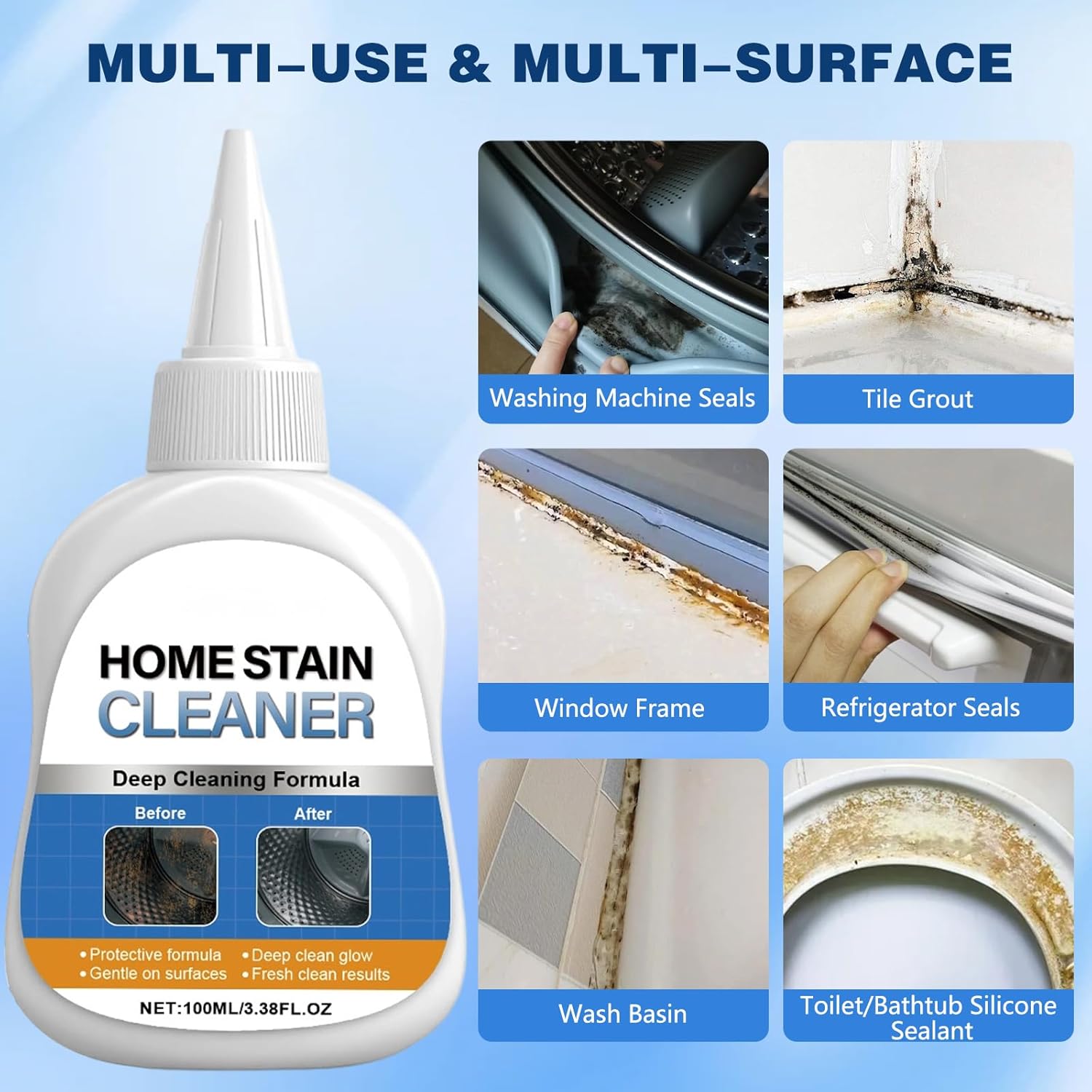 Home Stain Cleaner Gel, Washing Machine Cleaner with Brush, Deep Cleaning All-Purpose Gel for Washing Machine, Refrigerator Strips, Household Shower, Kitchen Sinks, Walls, Tiles, Bathrooms (100 ML)