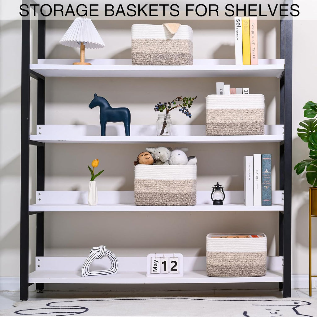 Small Storage Baskets for Organizing Shelves, Woven Cotton Rope Basket for Storage, Cute Rectangular Book Toy Baskets, 12.7"×9.1"×7.9", 4 Packs, Gradient Brown