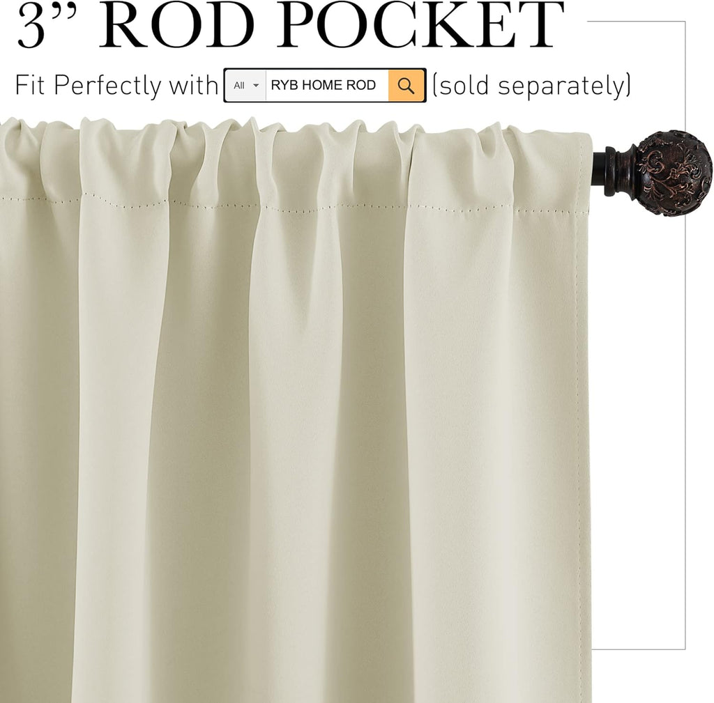RYB HOME Short Curtains for Bedroom - Room Darkening Curtains Thermal Insulated Sunlight Block for Kitchen Cabinet Basement Bathroom Window Covering, W 52 x L 36, Beige, 2 Panels