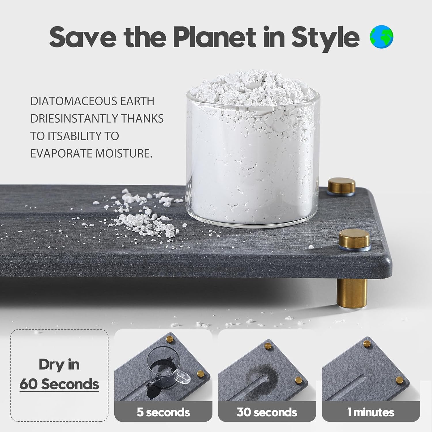 Kitchen Sink Caddy Water Absorbing Stone Drying Tray, Diatomite Bathroom Sink Organizer, Faucet Counter Mat Coaster, Soap Dish Rack Riser Dispenser Sponge Holder, Dark Gray Gold -12.5" x 4.5"