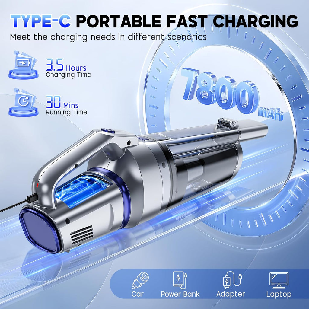 JONYJ Handheld Vacuum Cordless, 16000PA Strong Suction Hand Held Car Vacuum Cleaner, Portable Hand Vacuum Rechargeable with Multi-Nozzles & LED Light for Home, Car, Office, Pets