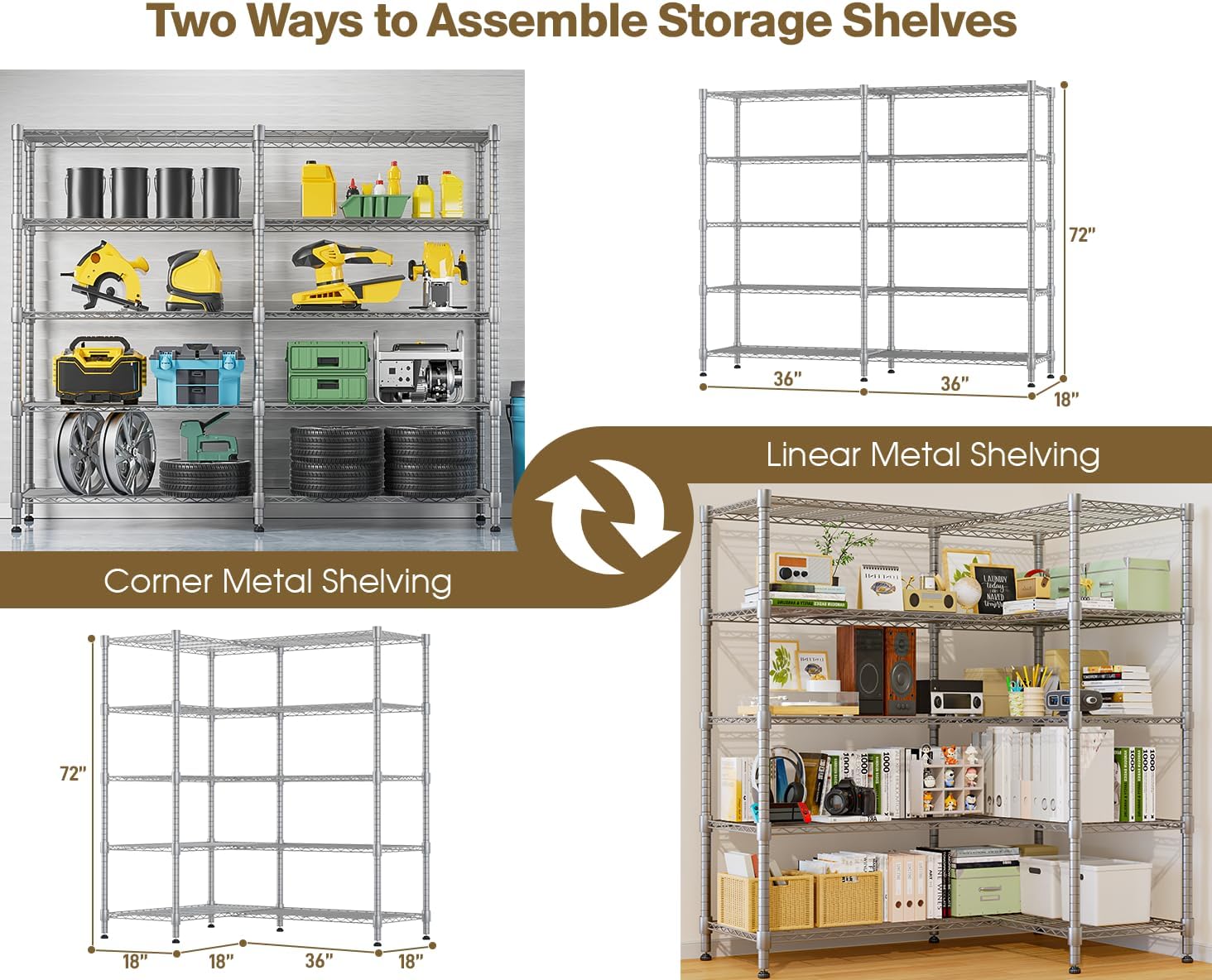 Himimi 72"W Wire Rack Shelving-2000LBS Capacity, Adjustable Storage Shelves Metal Shelves for Storage, 5-Tier Heavy Duty Wire Organizer for Kitchen, Garage, Pantry, 72" W x 18" D x 72" H, Silver Grey