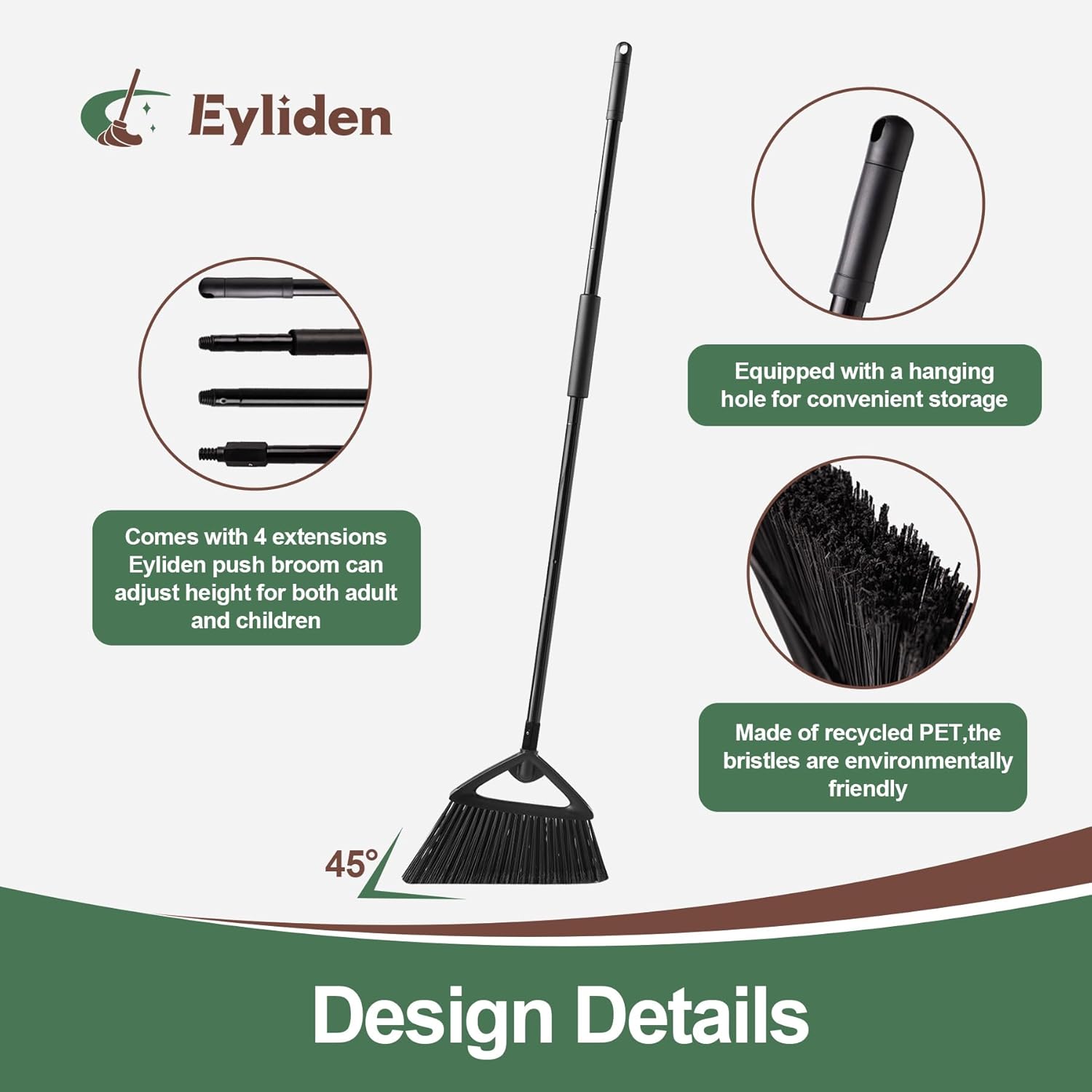 Eyliden Broom, Angle Broom with 57" Long Handle - Fit Heavy-Duty Cleaning, Also Works Well Fine Dust - Commercial Outdoor Indoor Sweeper for Courtyard, Sidewalk, Deck, Kitchen, Lobby, Garage, Black