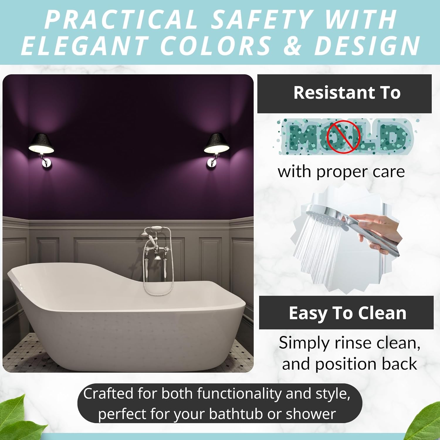 ENKOSI Bath Mat – 40 x 16 Inch Long Non-Slip Bathtub & Shower Mat with Suction Cups – Large PVC Bathroom Mat with Drain Holes for Tub & Shower (Bath - 40x16 Purple)