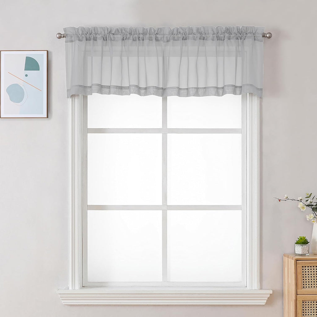 Chyhomenyc Sheer Valances for Windows 2 Pack, Small Window Curtains for Living Room Bathroom Cafe Laundry Basement, Modern Top Dual Rod Pocket Voile Curtain, 42W x 18L inches, Light Grey