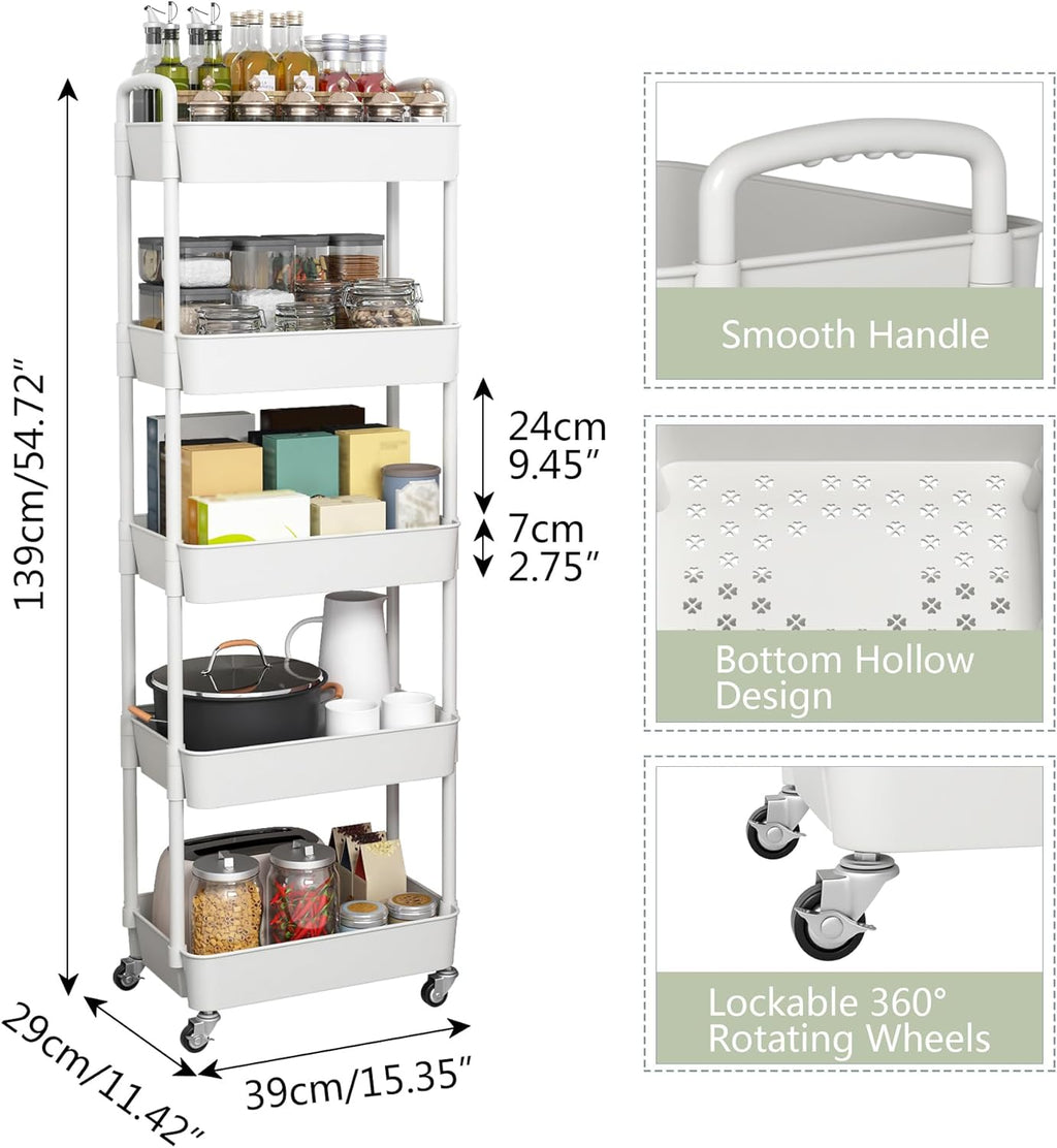Sywhitta 5-Tier Plastic Rolling Utility Cart with Handle, Multi-Functional Storage Trolley for Office, Living Room, Kitchen, Movable Storage Organizer with Wheels, White