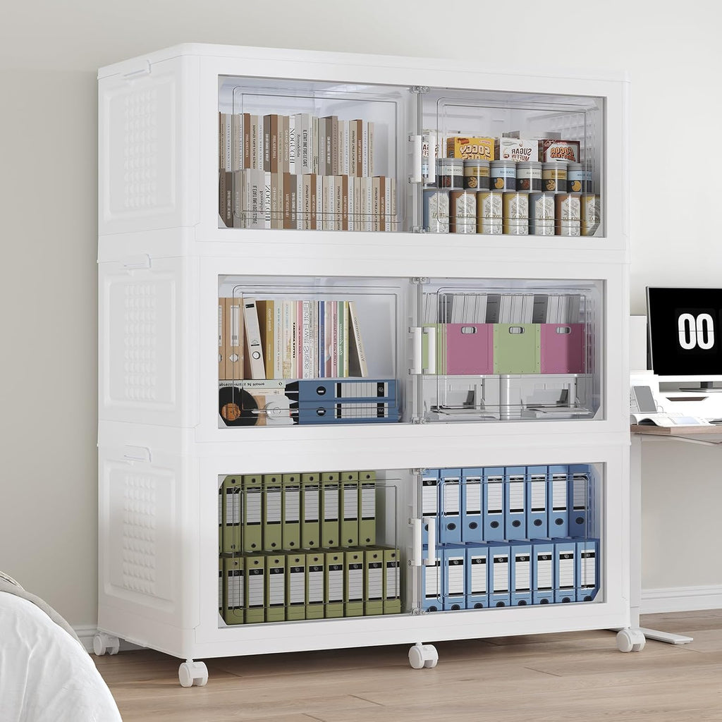 150GAL Storage Bins with Lid and Wheels, Stackable Closet Organizers and Storage Drawer, Collapsible Storage Box with Dividers, Foldable Plastic Cabinets Cubes Totes for Garage, 3 Pack White