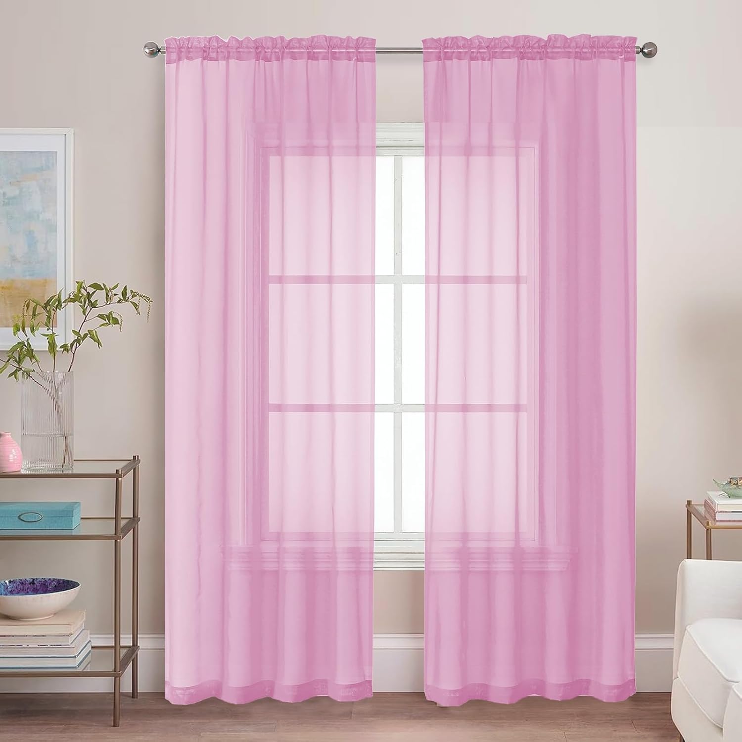 Chyhomenyc Light Pink Sheer Curtains 84 Inch Length 2 Panels, Light Filtering Cute Voile Pink Window Curtain Drapes for Girls Room，Each 42Wx84L Inches