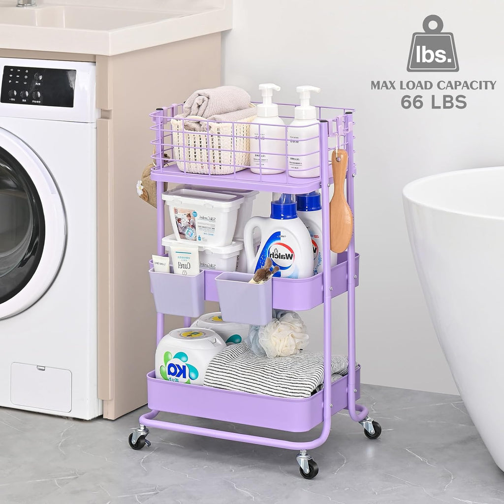 KINGRACK 3 Tier Rolling Cart, Metal Mobile Storage Shelf with Lockable Wheels, Prevent Falling Utility Trolley Cart, Storage Organizer for Kitchen, Office, Bathroom, Dorm, Purple