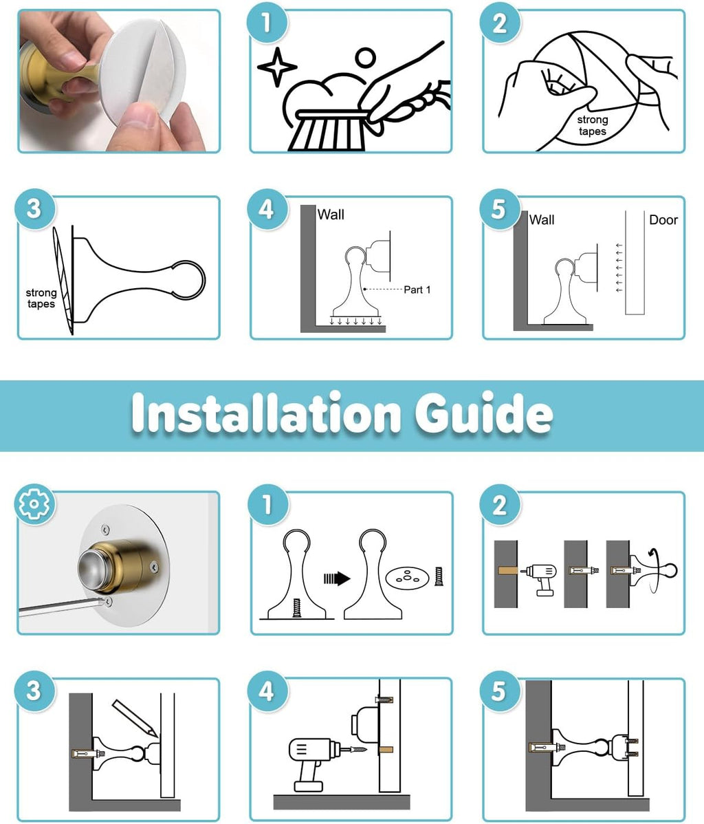 Door Stoppers Magnetic Door Catch - 2 Pack Stainless Steel Heavy Duty Door Stops for Bottom of Door, Wall & Floor Mounting No-Drill Strong Adhesive & Screws, Strong Door Holder to Keep Door Open,Gold