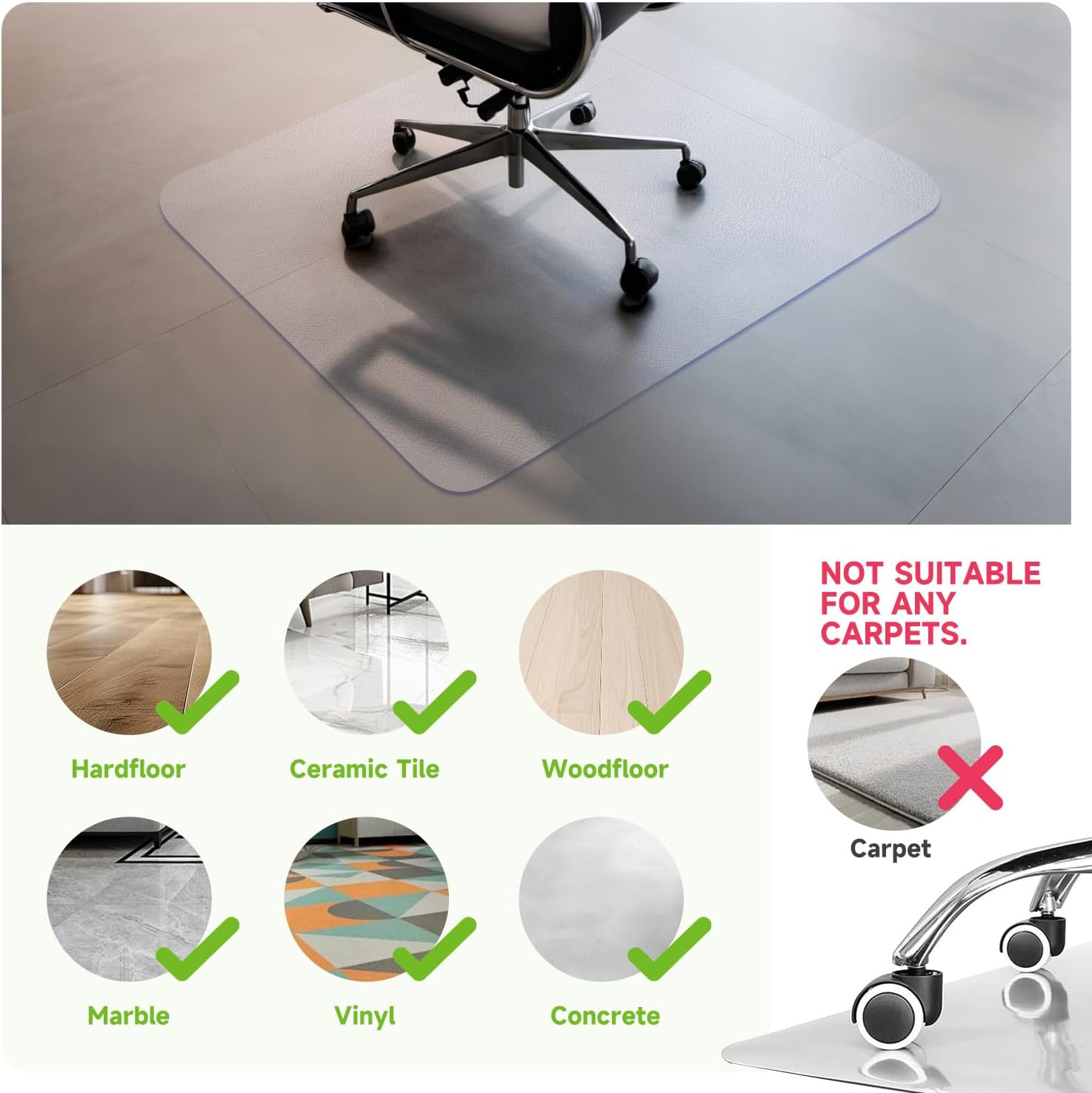 SOONAN Chair Mat for Hardwood Floor, 48" x 36" Clear Office Floor Mat, 0.08" Thickness Heavy Duty Computer&Desk Chair Mat,Floors Protector Chair Mats for Home & Office