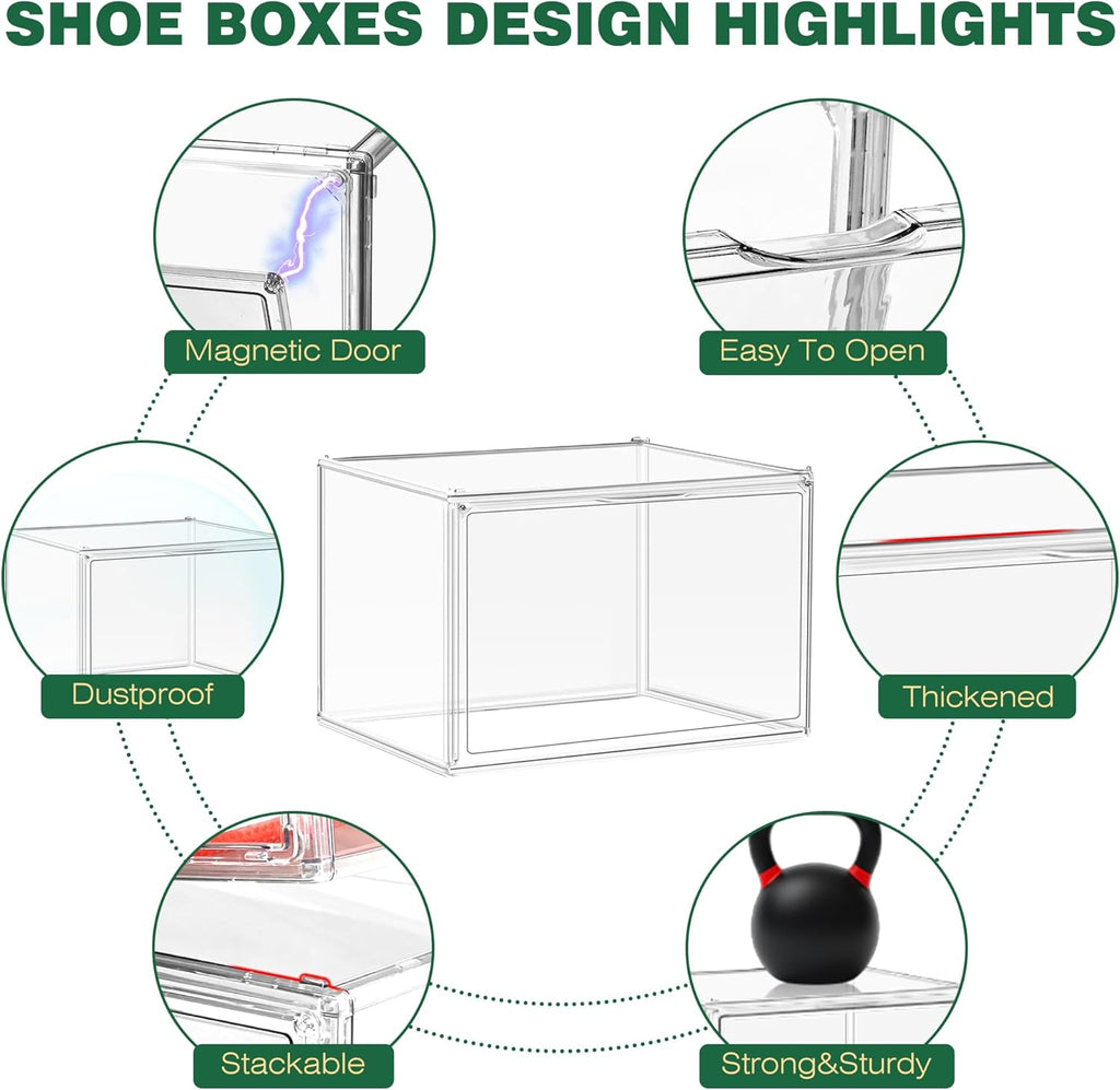 12 Pack Thicken Shoe Rack Organizer for Closet Acrylic Shoe Box with Magnetic Door Sneaker Display Case Handbag Purse Organizer, Fit up to US Size 14