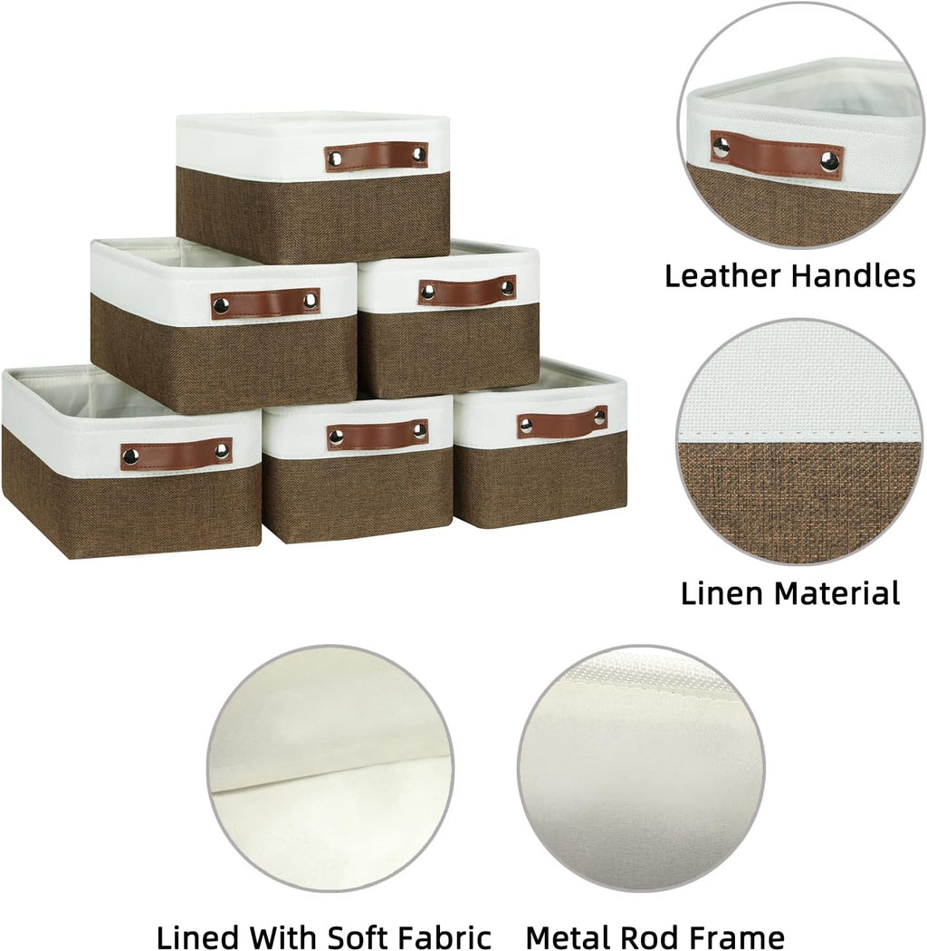 HNZIGE Small Fabric Storage Bins (6 Pack) - Foldable Decorative Baskets with Handles, Empty Gift Baskets for Storage (Brown & White, 11.8" x 7.8" x 5.1")